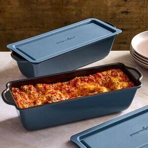 NIB~PAMPERED CHEF~TWO Brilliance Long Loaf Pans w/Lids (bread, meatloaf, lasagna